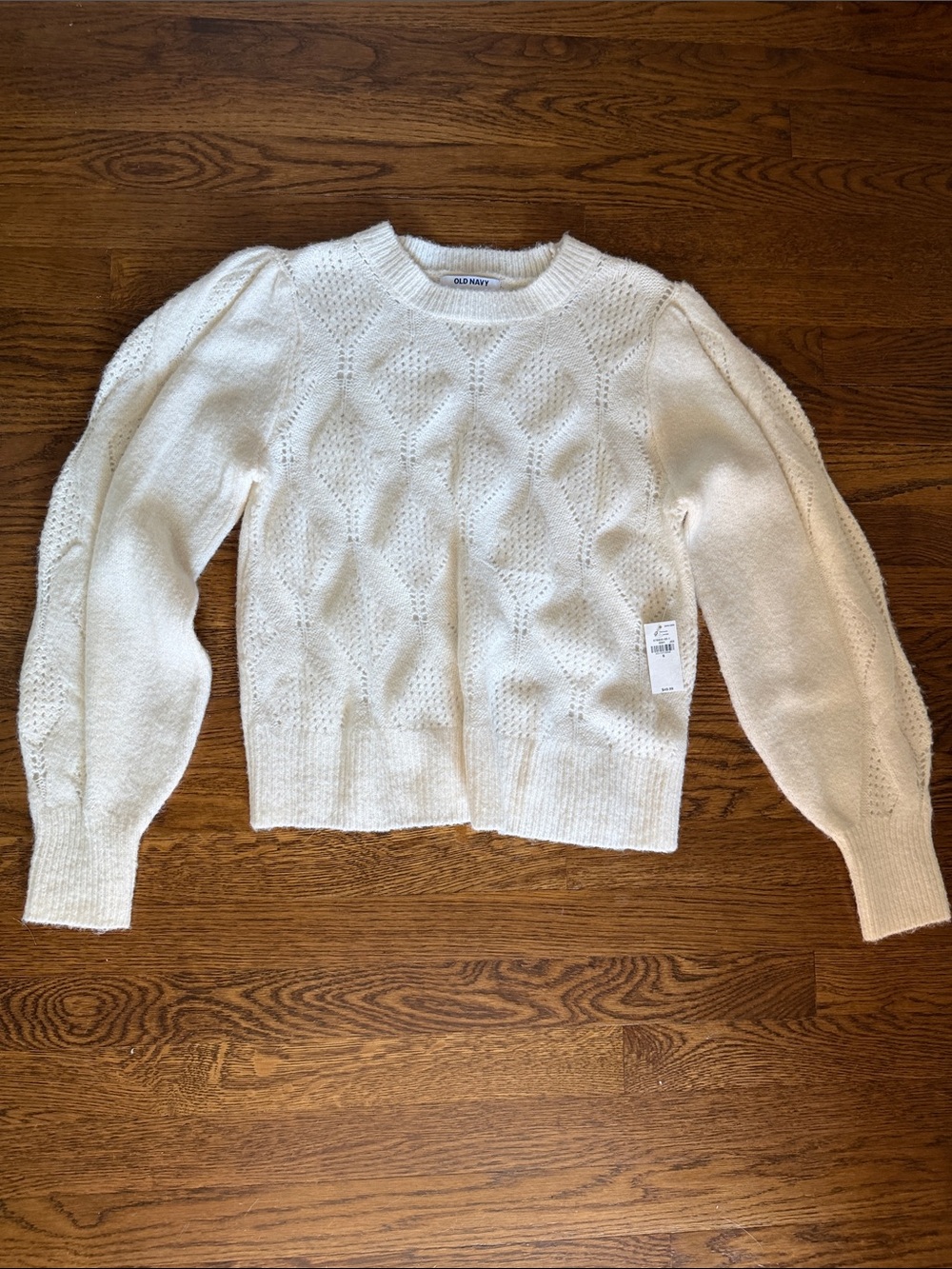 Old Navy Ivory Cable Knit Puff Sleeve Crew Sweater